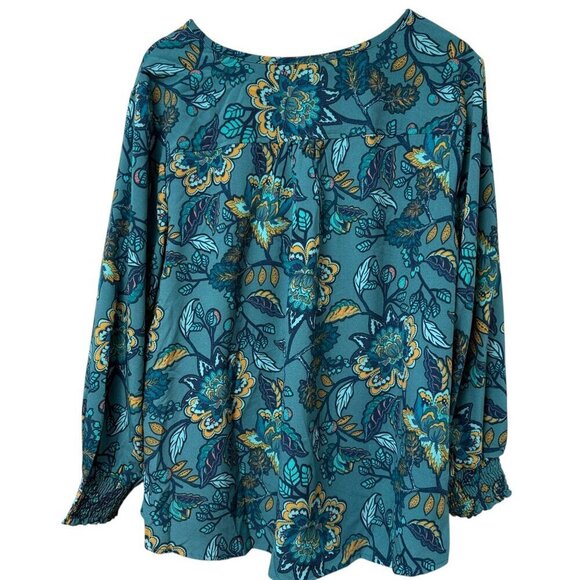 Denim & Co. Floral Blouse Plus Size 1X Teal Blue Long Sleeve Womens Top Pullover - Picture 3 of 8